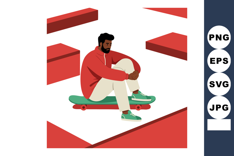 Young man sitting on skateboard wearing red hoodie and green