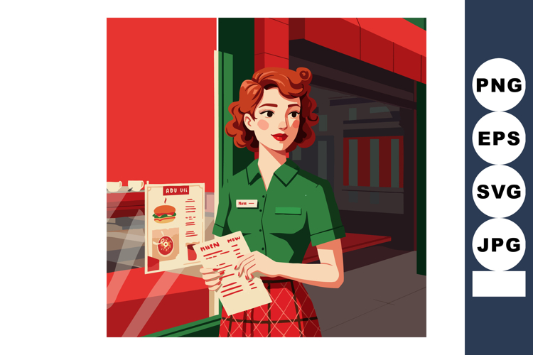 Retro waitress holding menu outside diner restaurant wearing example image 1