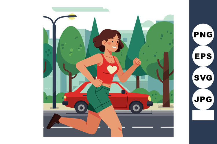 Woman jogging outdoors in urban park near red car with trees