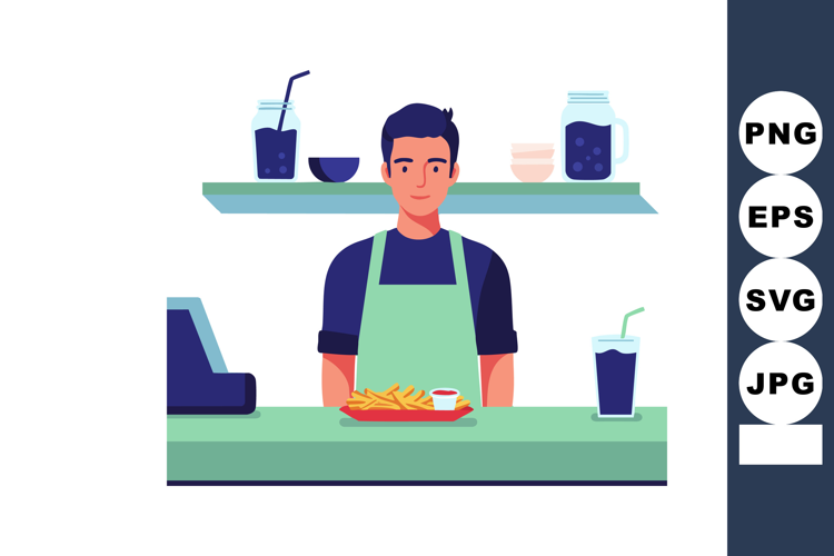 Male waiter serving fries with sauce at counter in casual re