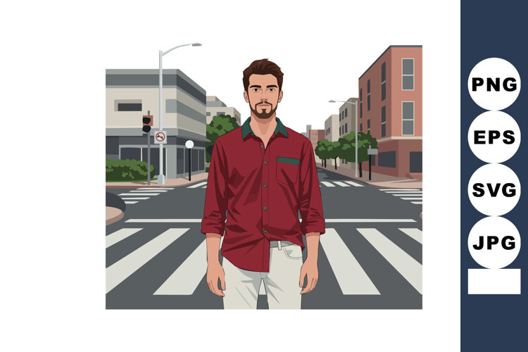 Young man standing at urban street crosswalk wearing red shi example image 1