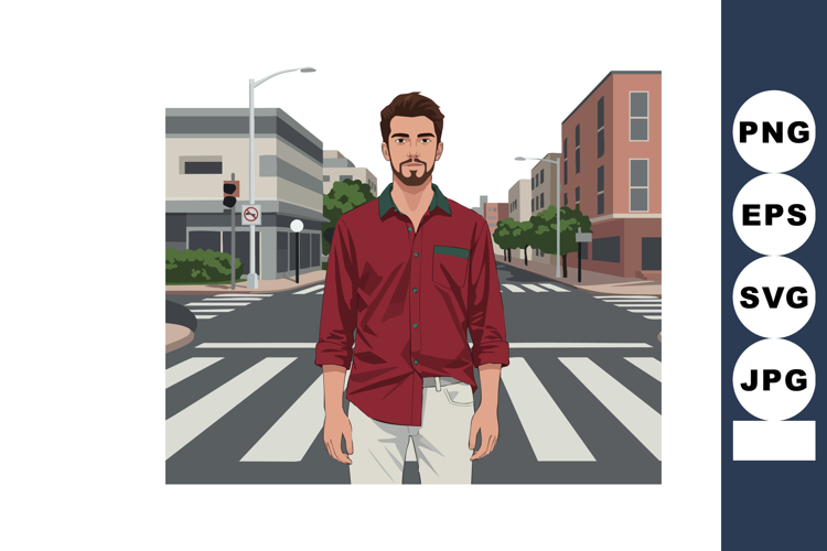 Young man standing at urban street crosswalk wearing red shi