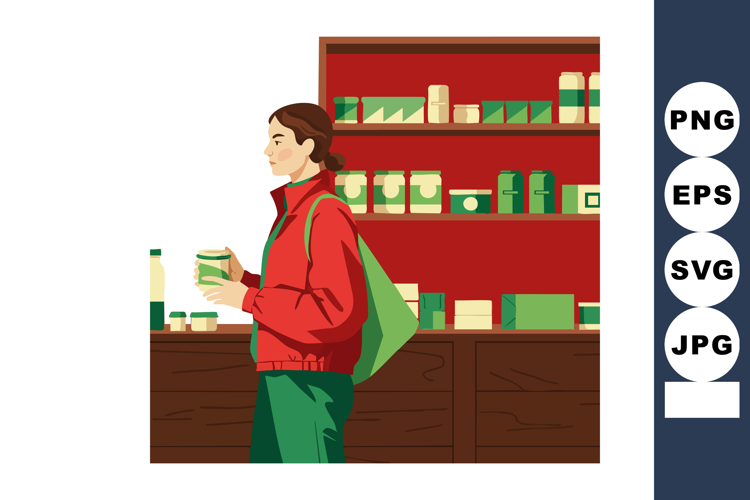 Woman shopping in store holding product with red and green c