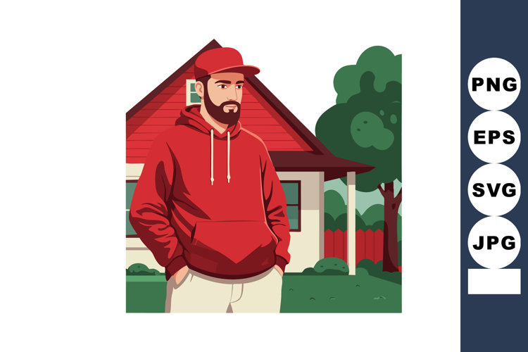 Man wearing red hoodie and cap standing in front of suburban