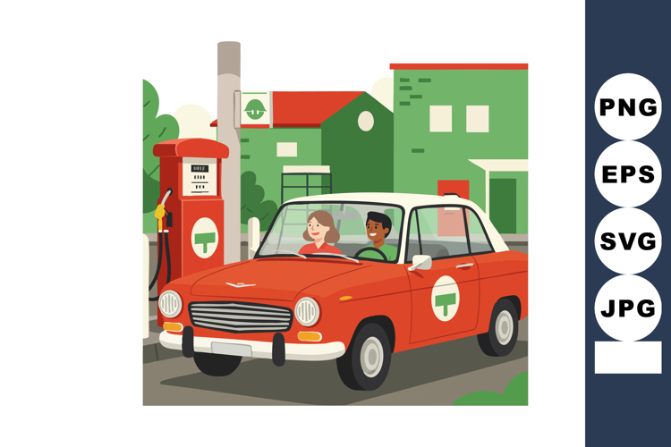 Classic red car with happy diverse couple refueling at vinta