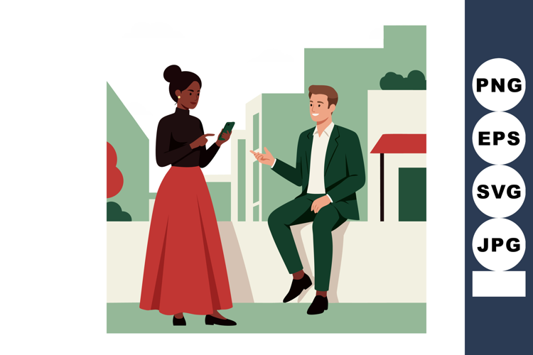 Business meeting outdoors with man in suit and woman in red