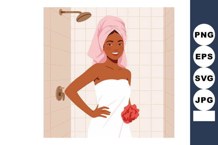 Woman wrapped in white towel with pink towel turban standing example image 1