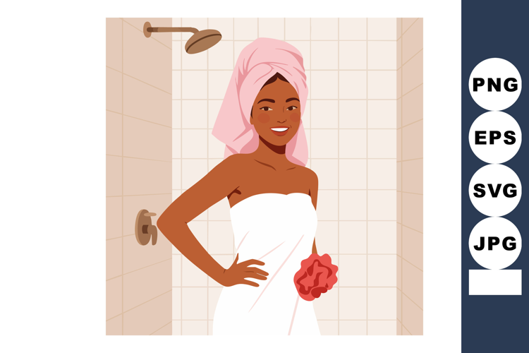 Woman wrapped in white towel with pink towel turban standing