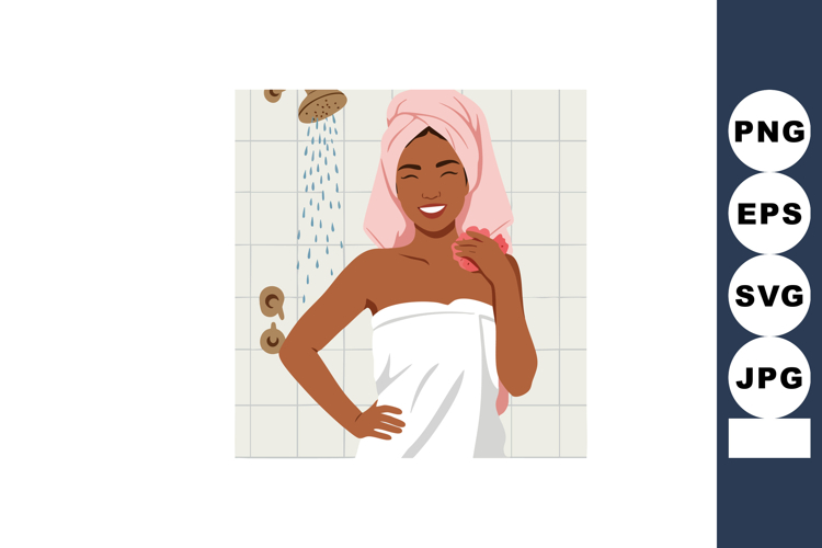 Woman showering with towel wrapped and pink hair towel enjoy
