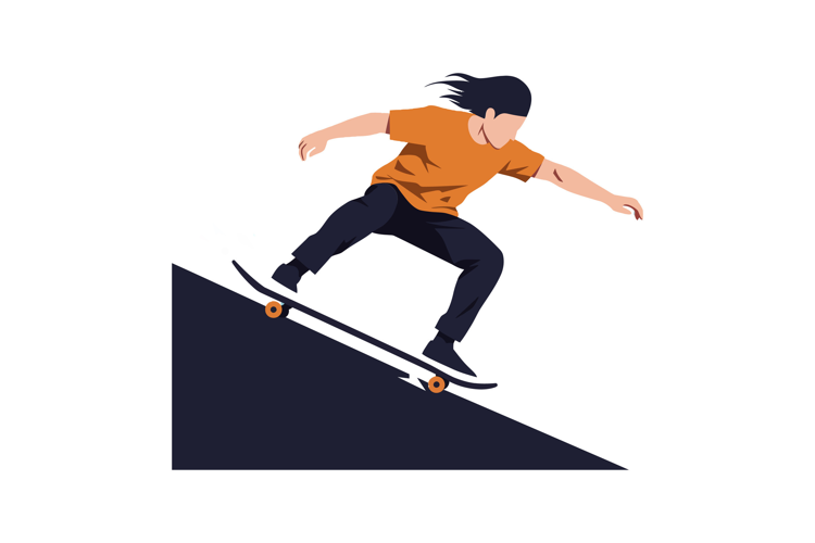 Skateboarder performing tricks in a dynamic pose, flat desig