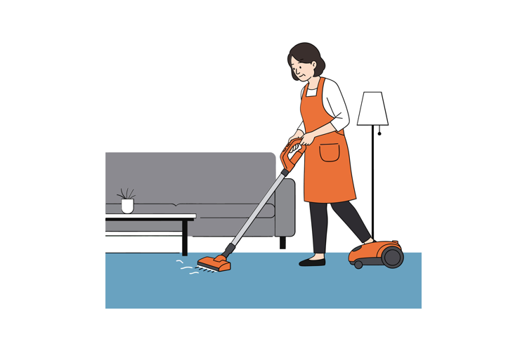 Woman in orange apron vacuuming a blue carpet in a modern li