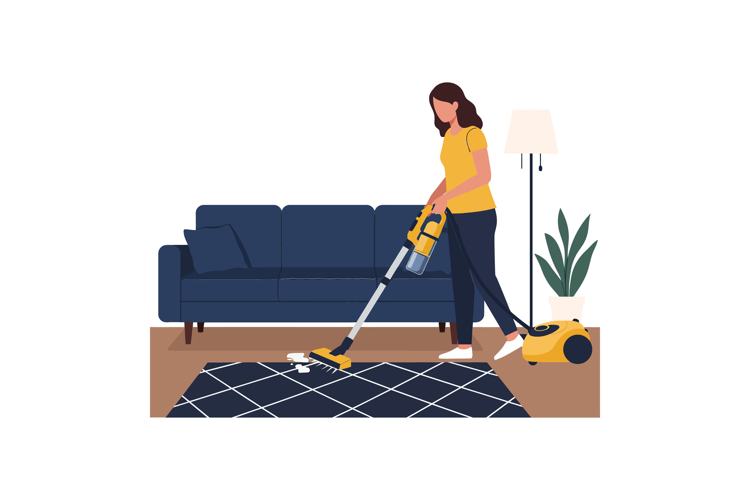 A woman vacuuming a living room with a yellow vacuum cleaner