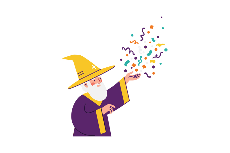 Cheerful wizard in a yellow hat casting colorful confetti in