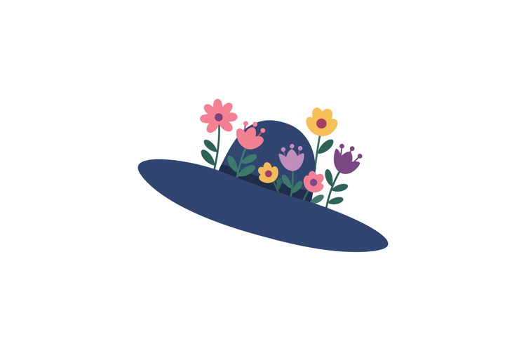 A stylish wide-brimmed hat adorned with colorful flowers in