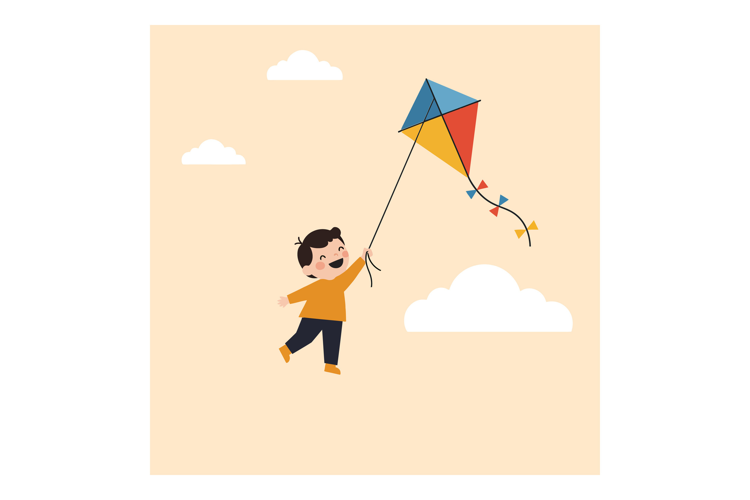 A joyful boy flying a colorful kite in a bright sky, minimal