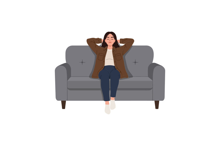 Woman relaxing on a grey couch with a cozy outfit in flat ve example image 1