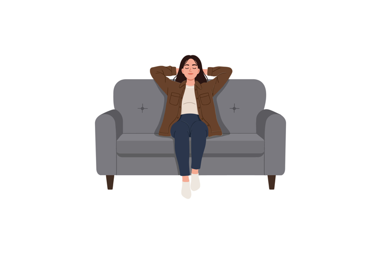 Woman relaxing on a grey couch with a cozy outfit in flat ve