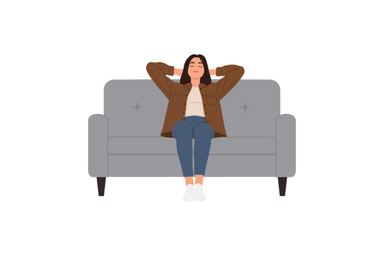 A young woman relaxing in a cozy grey couch, minimal vector