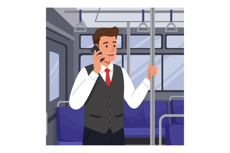 A young man in formal attire talking on his smartphone insid