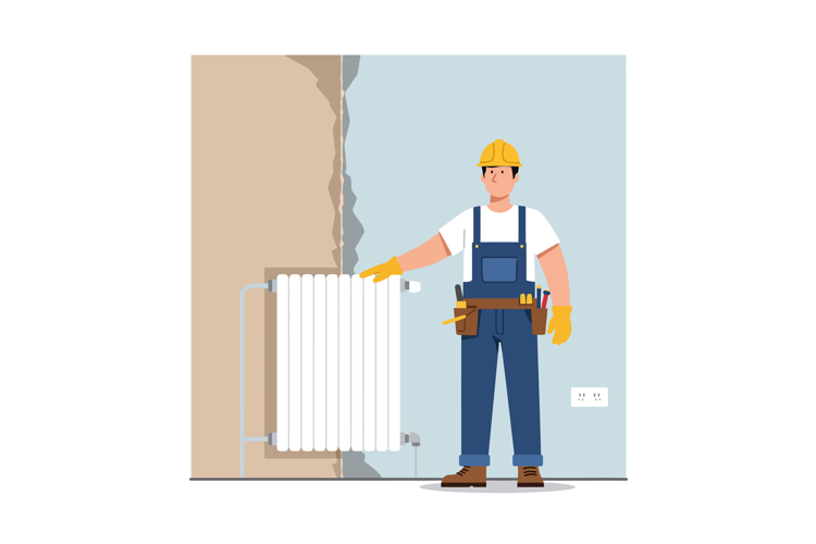 Worker in a hard hat and gloves adjusting a radiator in a fl
