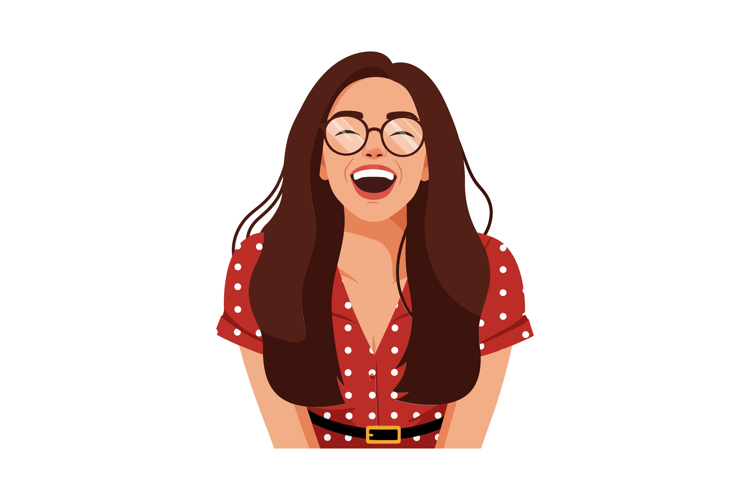 Cheerful young woman with long hair wearing glasses and a po