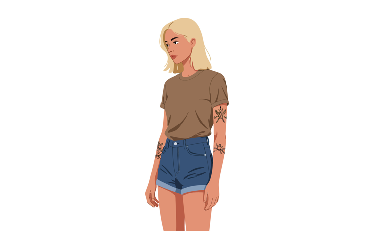 Young woman with blonde hair wearing a brown shirt and denim