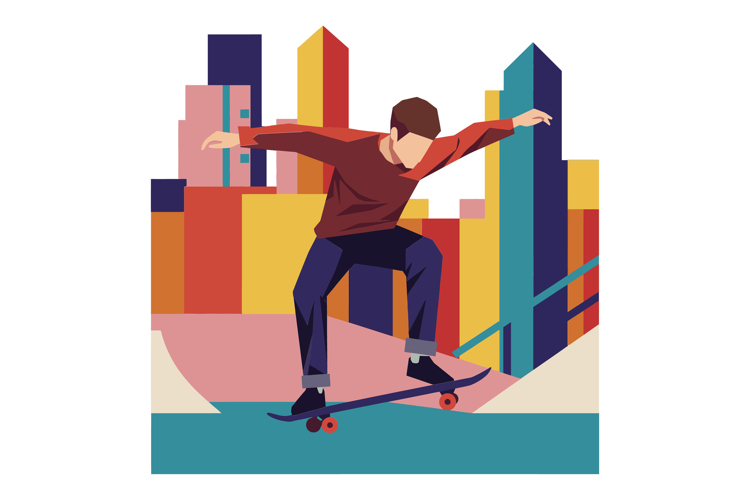 A young skateboarder performing tricks in a vibrant cityscap