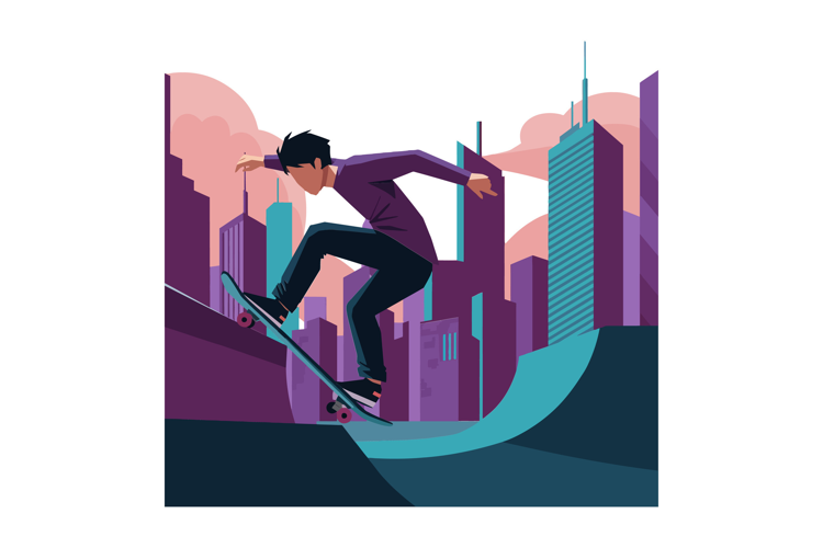 Skateboarder performing tricks in an urban park with a flat