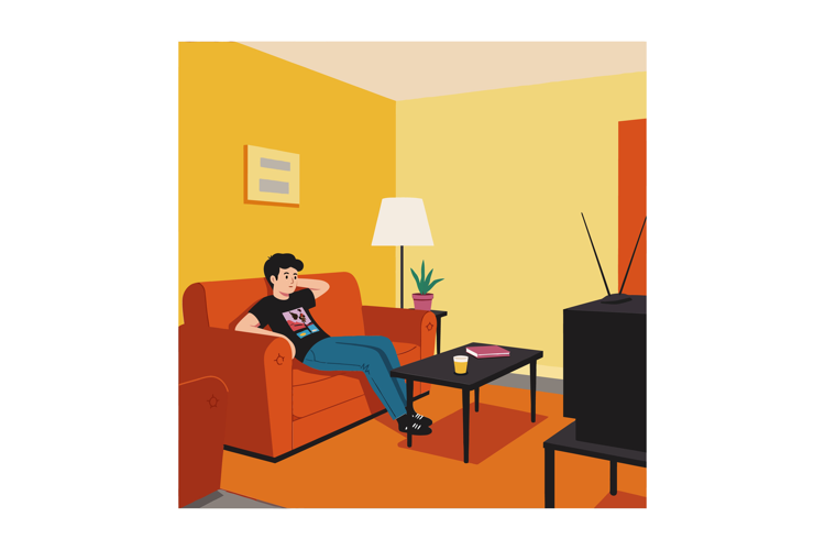 A relaxed man watching television in a cozy living room with