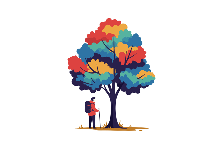 A hiker standing beneath a vibrant tree with colorful foliag