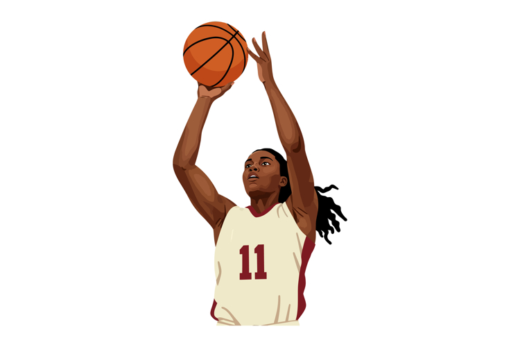Female basketball player shooting a basketball in jersey num
