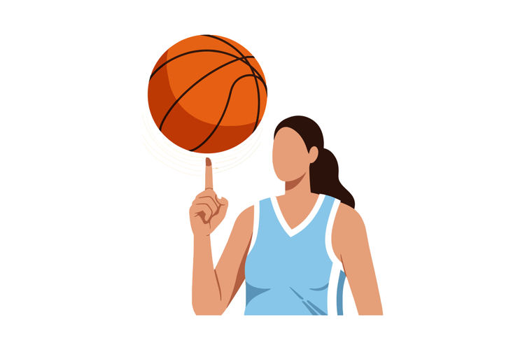 Female basketball player spinning orange basketball on finge