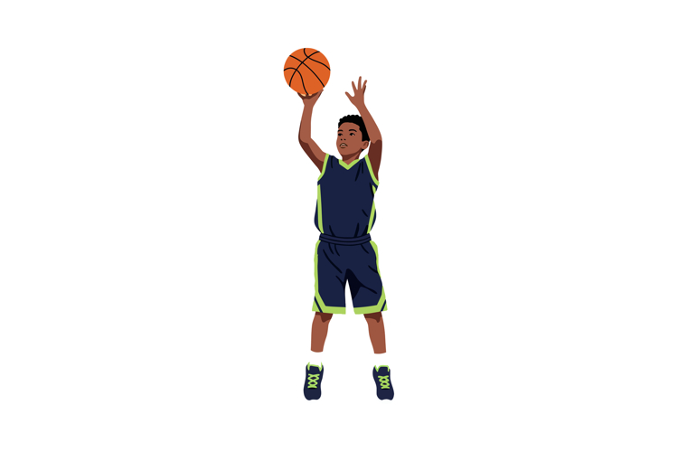 Young basketball player shooting ball in navy and green unif