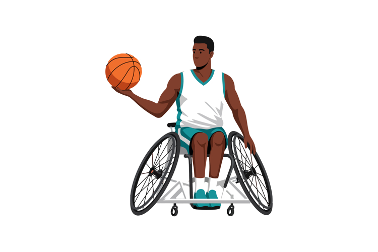 Male wheelchair basketball player holding basketball in spor