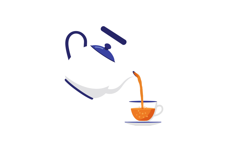 Tea pouring from teapot into cup with saucer vector illustra