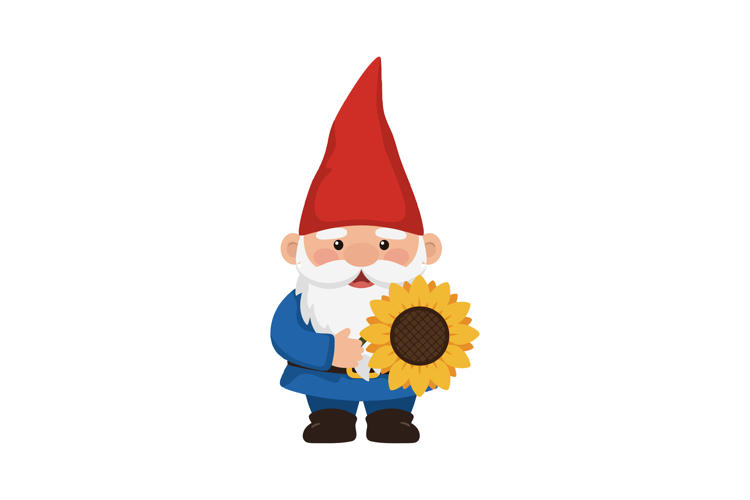 Garden gnome holding bright yellow sunflower with red hat an