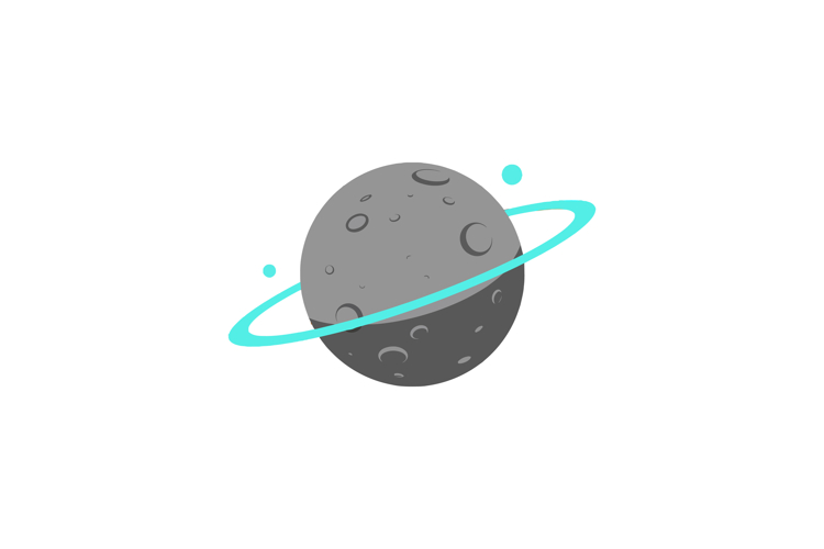 Gray cratered planet with blue ring and orbiting satellites