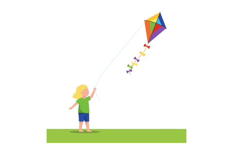A cheerful child with blonde hair flying a colorful kite in