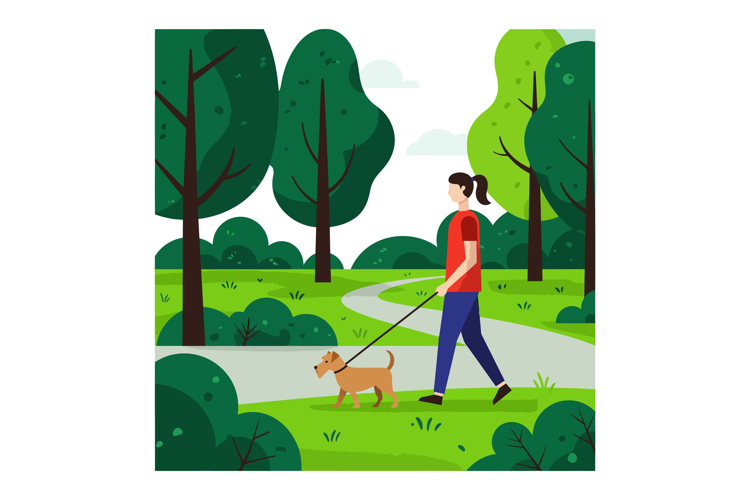 Woman walking a small dog through a lush green park in flat