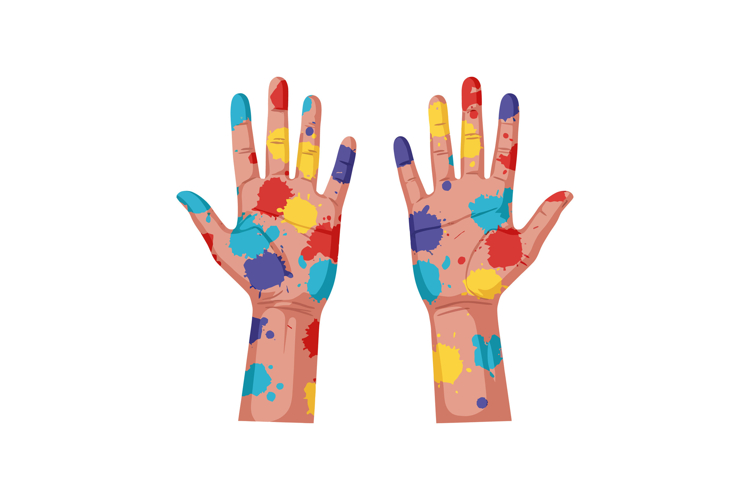 Colorful painted hands showcasing creativity in a flat desig