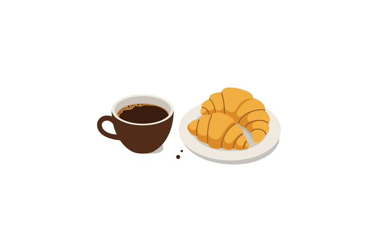 A warm cup of coffee and fresh golden croissants in flat vec