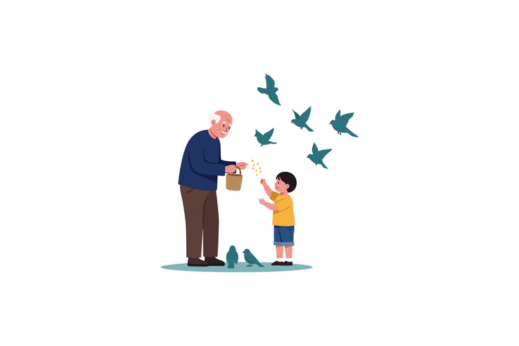 Elderly man feeding birds with a young boy in a playful flat