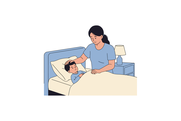 Caring mother comforting her son in bed, flat style vector i
