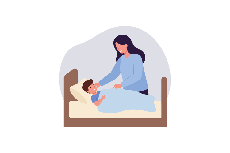 Caring mother tucking in her son at bedtime in a cozy flat v