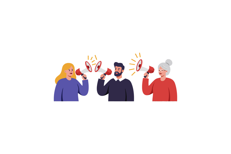 Three people enthusiastically using megaphones in a colorful