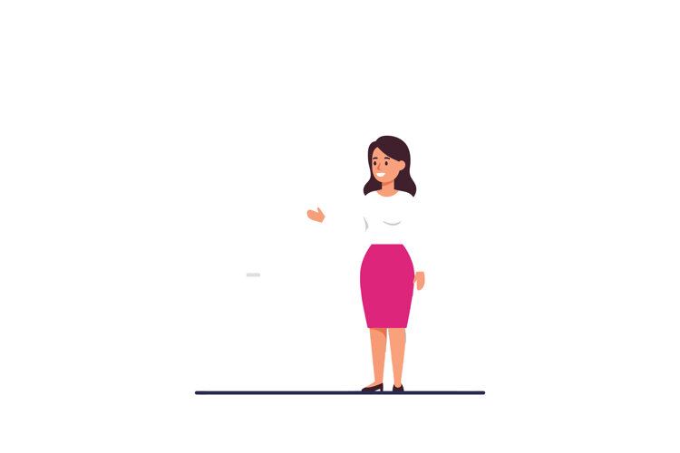 Woman in a pink skirt and white blouse gesturing confidently example image 1