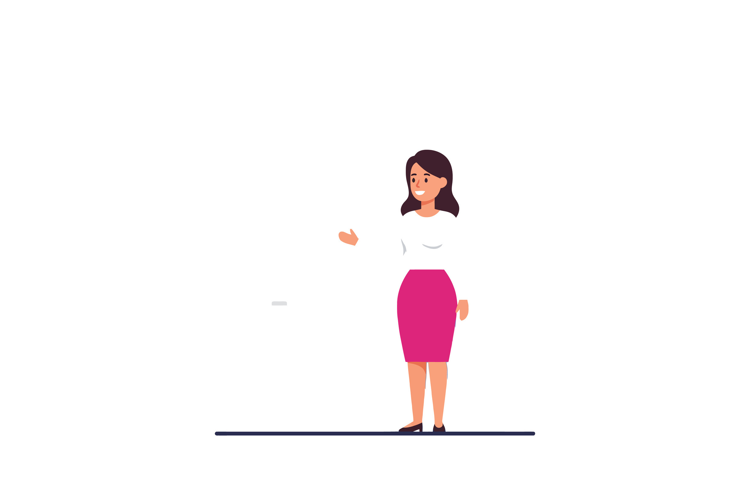 Woman in a pink skirt and white blouse gesturing confidently