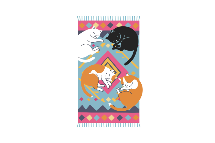 Four playful cats resting on a colorful rug in a flat vector
