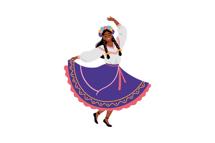 Young woman dancing joyfully in traditional attire with flor