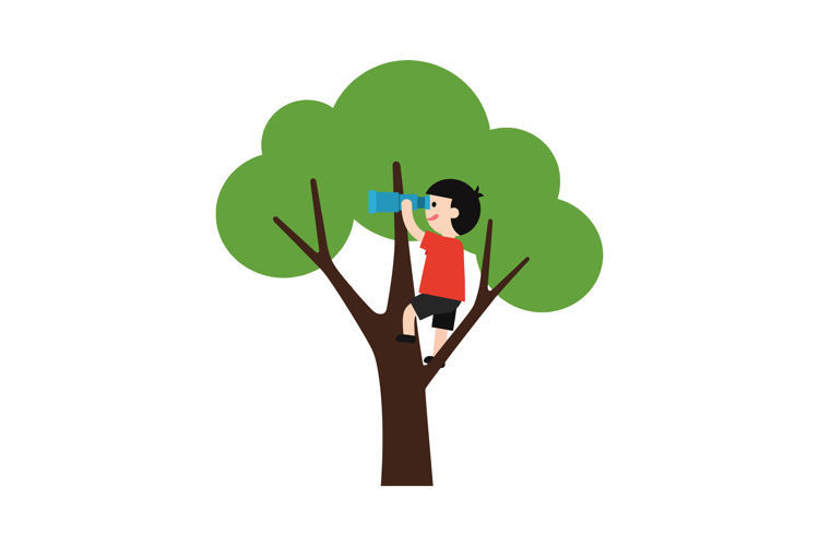 A cheerful boy climbing a tree while observing with binocula